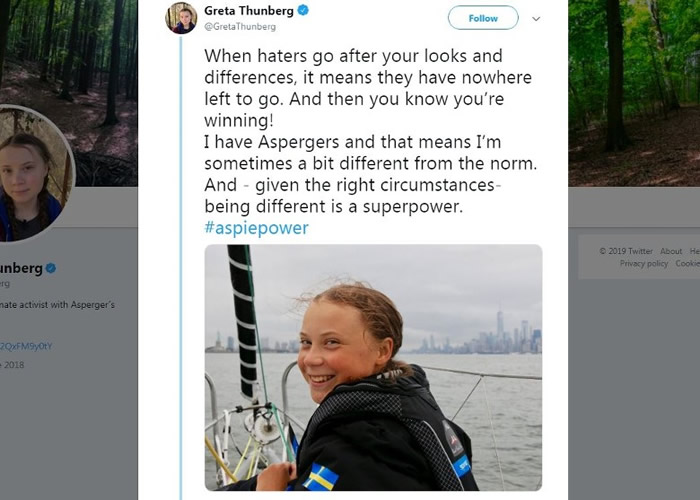 瑞典16岁环保少女Greta Thunberg患亚氏保加症遭揶揄后反击:这是超能力