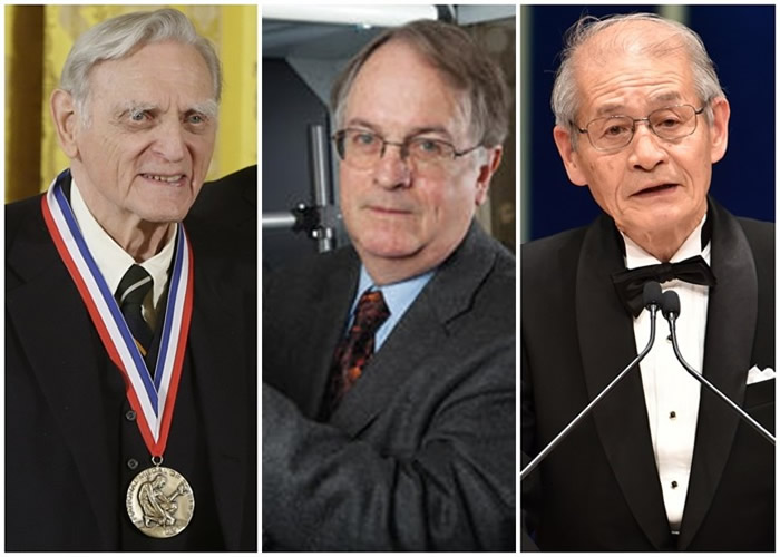 (左起)古迪纳夫、惠廷厄姆及吉野彰致力研究锂离子电池。