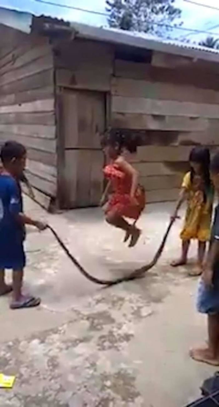 越南小朋友玩跳绳发出沉重啪啪声 拉近一看吓傻原来是条大蛇