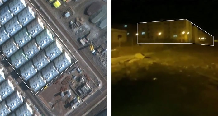 影片中的建筑群(右图)与卫星图片(左图)脗合。