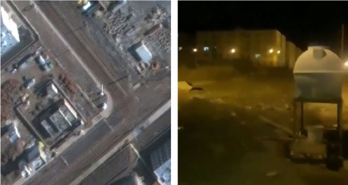 拍摄者右边直立容器(右图)亦在卫星图片(左图)可见。