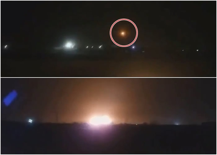 影片拍到客机中弹后起火(上图红圈),之后失控撞地爆炸(下图)。