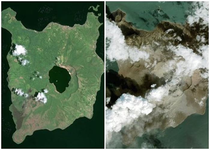 左图为塔阿尔湖去年7月图像，右图为现况。