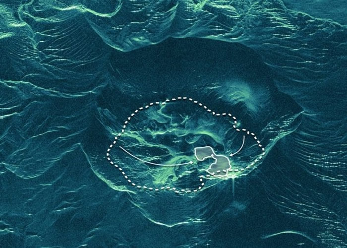 虚线为塔阿尔湖原本水位,实线为现时水位。