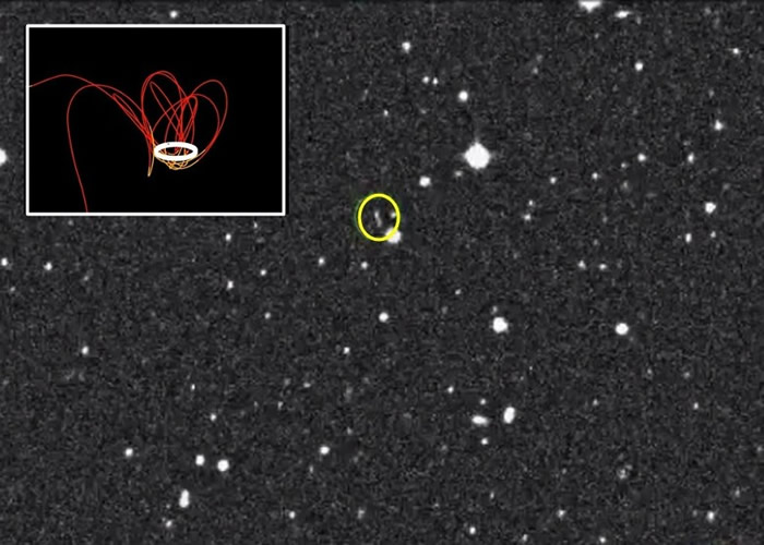 天文学家发现2020 CD3(黄圈)。小图白带为其绕地球运行轨迹。