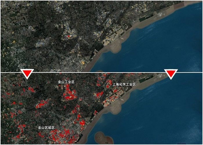 官媒卫星照片发现,上海部分工业地区的平均气温高于上个月。