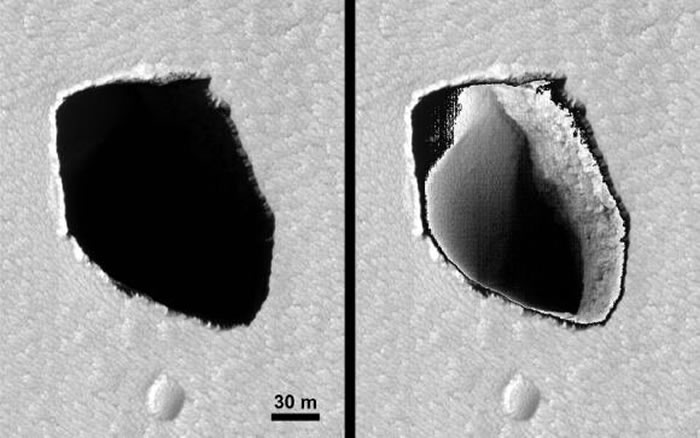 NASA火星勘测轨道飞行器在火星表面发现一个直径约35米的奇怪洞穴