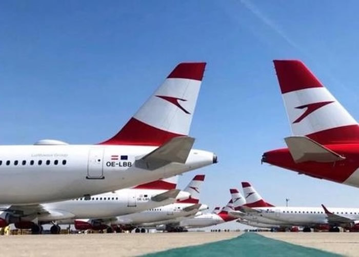 维也纳机场停机坪停满了奥地利航空的航班。