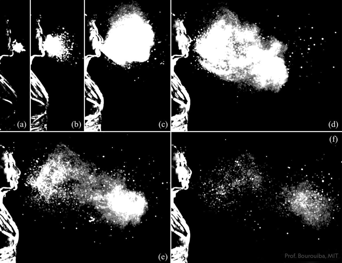 以每秒1000张的高速摄影拍到的喷嚏照片,时间依序为:a) 0.006秒,b) 0.029秒,c) 0.106秒,d) 0.161秒,e) 0.222秒,f)