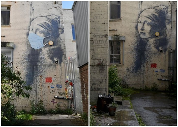 Banksy原作《穿耳膜的少女》(右图)中的少女被戴上口罩(左图)。