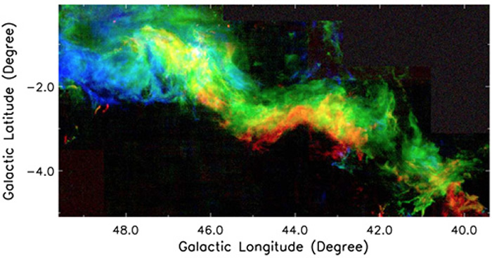 大江分子云（G044.0-02.5，River Cloud）的合成照片。用蓝、绿、红三色分别显示视向速度在3-6 km/s，6-9 km/s，9-12 km/s