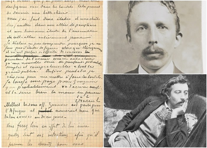 梵高(右图上)与高庚(右图下)写给班纳特的信(左图)将于巴黎拍卖。