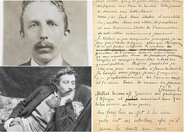 梵高(左图上)与高庚(左图下)合撰的信(右图)于巴黎拍卖成交。