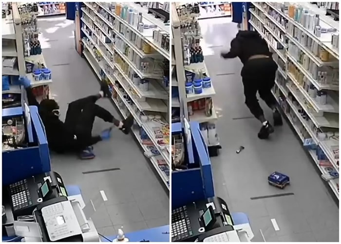 美国纽约布鲁克林药房遭抢劫 忠心小狗奋不顾身护主吓得贼人落荒而逃