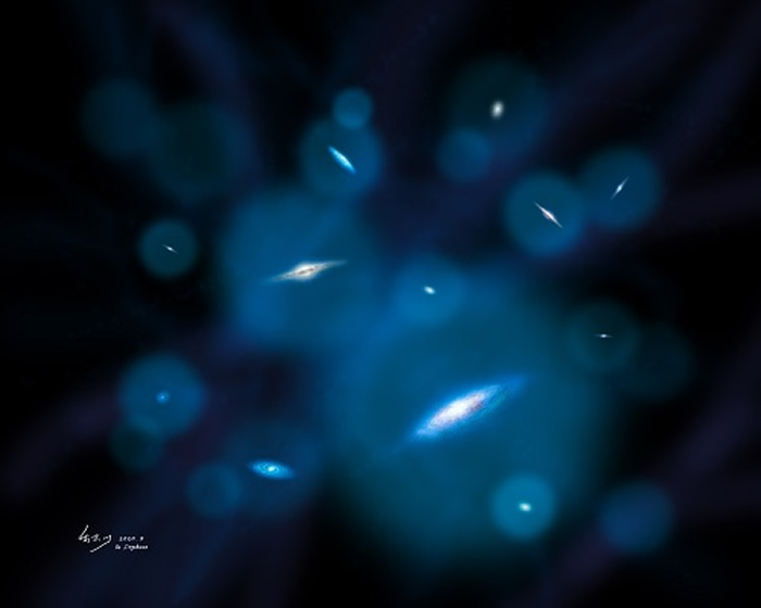 艺术家对宇宙中具有不同质量的暗晕的想象图。(喻京川绘制)
