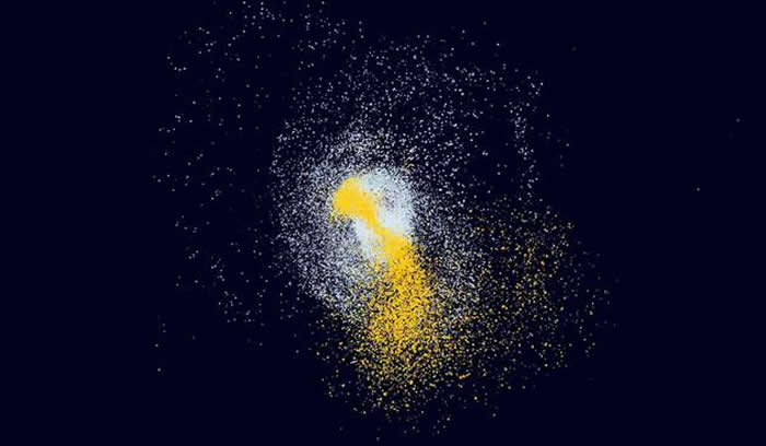 在这个数字模拟中，一个类似银河系的大型星系与一个较小的矮星系相撞。天文学家认为，在银河系发展的早期，至少发生过一次这样的大碰撞。