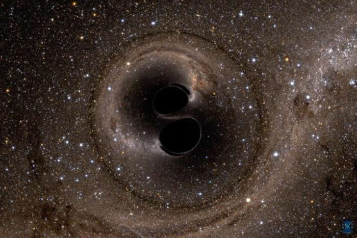 计算机模拟展现了两个黑洞的碰撞，这次碰撞释放出GW150914引力波信号。