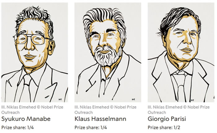 2021年诺贝尔物理学奖授予：Syukuro Manabe、Klaus Hasselmann和Giorgio Parisi