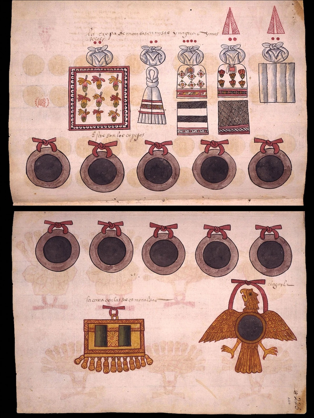 阿兹提克手抄本中能看见黑曜石镜，例如图中这本16世纪的特佩特劳兹图克手抄本（Codex Tepetlaoztoc）。古代中美洲居民相信这类镜子能用作通往神灵世界