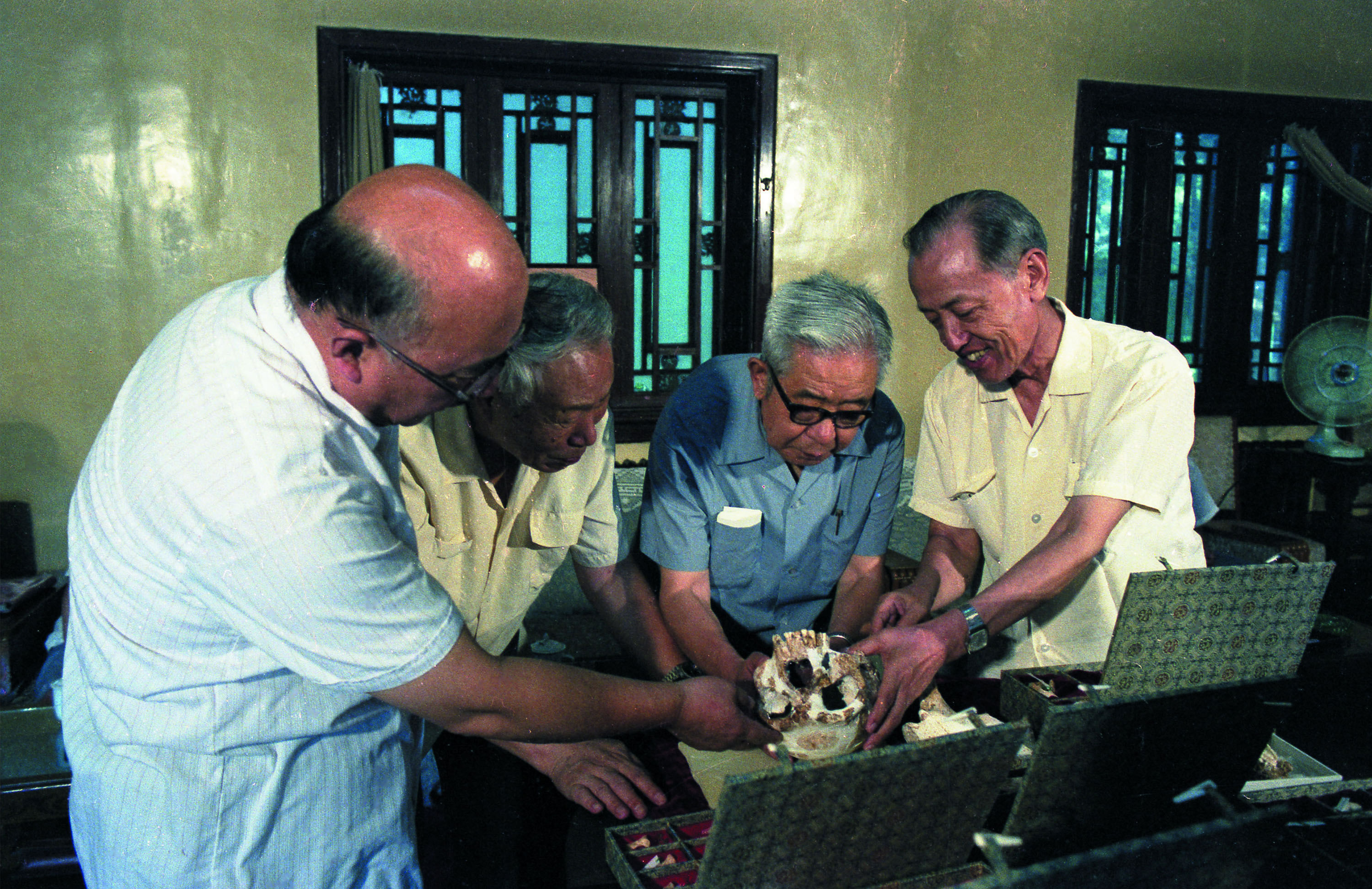 1985年考古学与古人类学专家鉴定金牛山人化石（从左到右：安志敏、苏秉琦、贾兰坡、吴汝康）