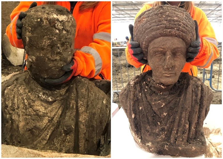 英国2号高速铁路项目施工地点出土一对完整的古罗马时代男女半身雕像