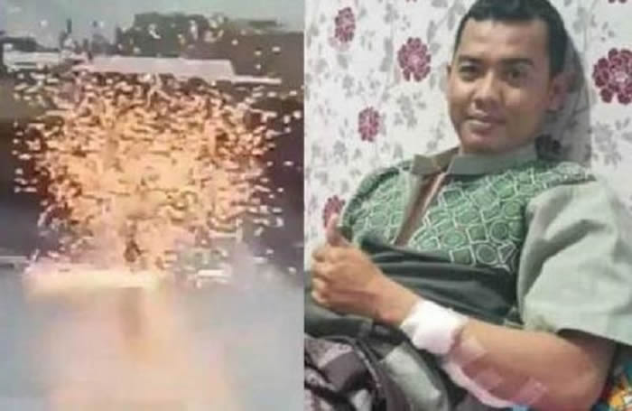 印尼保安撑着雨伞在大雨中巡视时一道闪电从天而降击中他 当场爆出大量火花