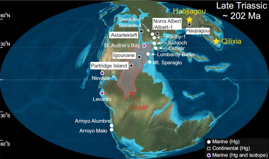 约2亿年的晚三叠世全球古地理图。五角星代表中国准噶尔盆地和四川盆地两个剖面的古地理位置;圆圈和正方形分别表示已经报道的海相和陆相汞记录剖面。CAMP代表中大西洋