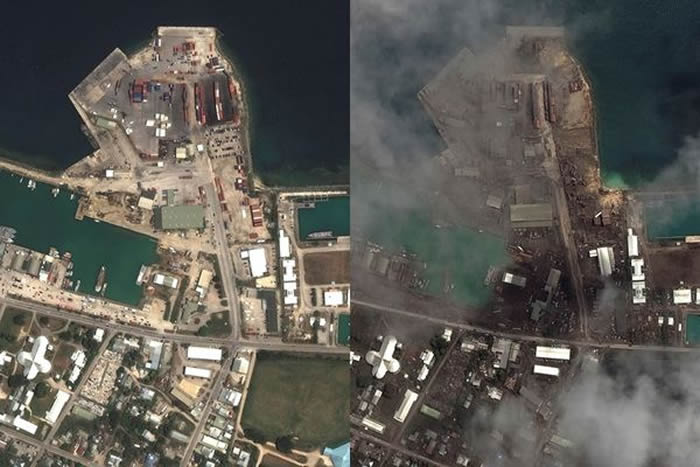 汤加首都努瓜娄发（Nukualofa）火山喷发前后对比照。（图／路透）