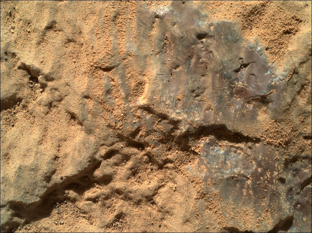 美国航太总署的毅力号探测车在2021年5月拍摄了这张岩石「纳塔尼」（Nataani）的照片。影像的右侧边缘附近有个紫色的薄层；它被一连串的雷射钻出五个小洞，以研