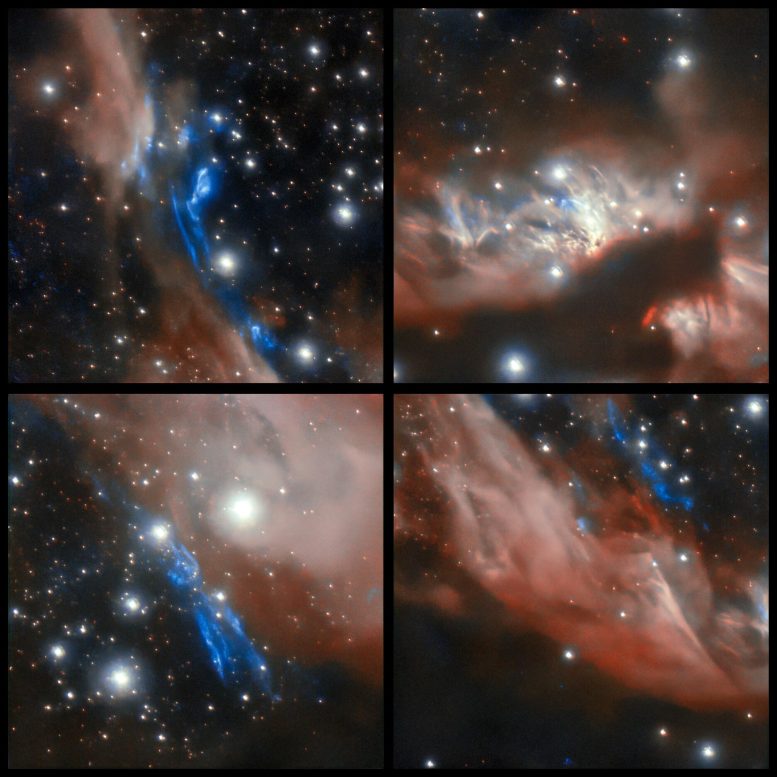 国际双子座天文台从拍摄的新图像中 蜿蜒的恒星喷流穿过一片恒星区域