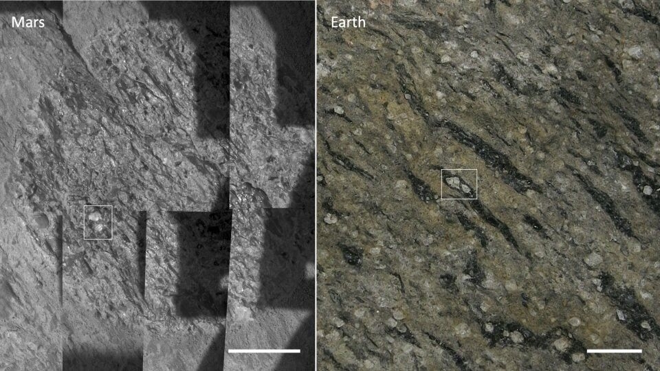 左图是精神号的显微照像仪的马赛克照片，显示了深色对角线排列特征带有火焰状的形状，火焰状可能是扁平的浮石碎片，称为火焰石（fiamme），其中包括浅色晶体（白色长