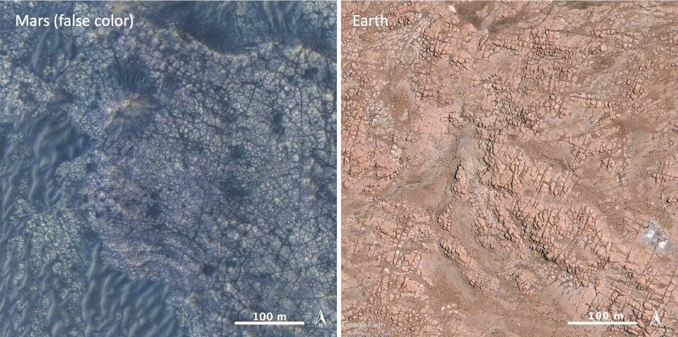 左图为假色照片显示火星Nili Fossae地区富含橄榄石的岩层与右图地球上熔接凝灰岩(真彩色)的对比。右图裂痕是冷缩节理,与左图中的非常相似。图片来源:HiR