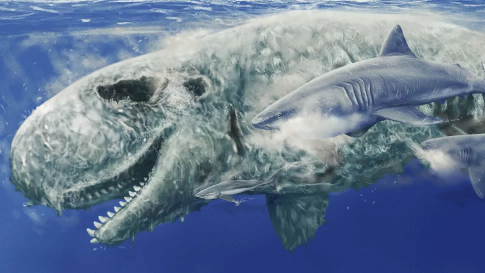 抹香鲸富含脂肪的鼻子曾被凶狠的巨齿鲨啃食