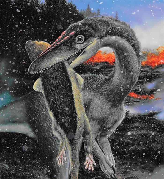 赤道地区恐龙嘴里叼着一个基干哺乳动物，背景是中央大西洋超级火成岩省在潘吉亚大陆赤道地区的喷发，赤道地区因火山冬天下起鹅毛大雪（Larry Felder 绘制）