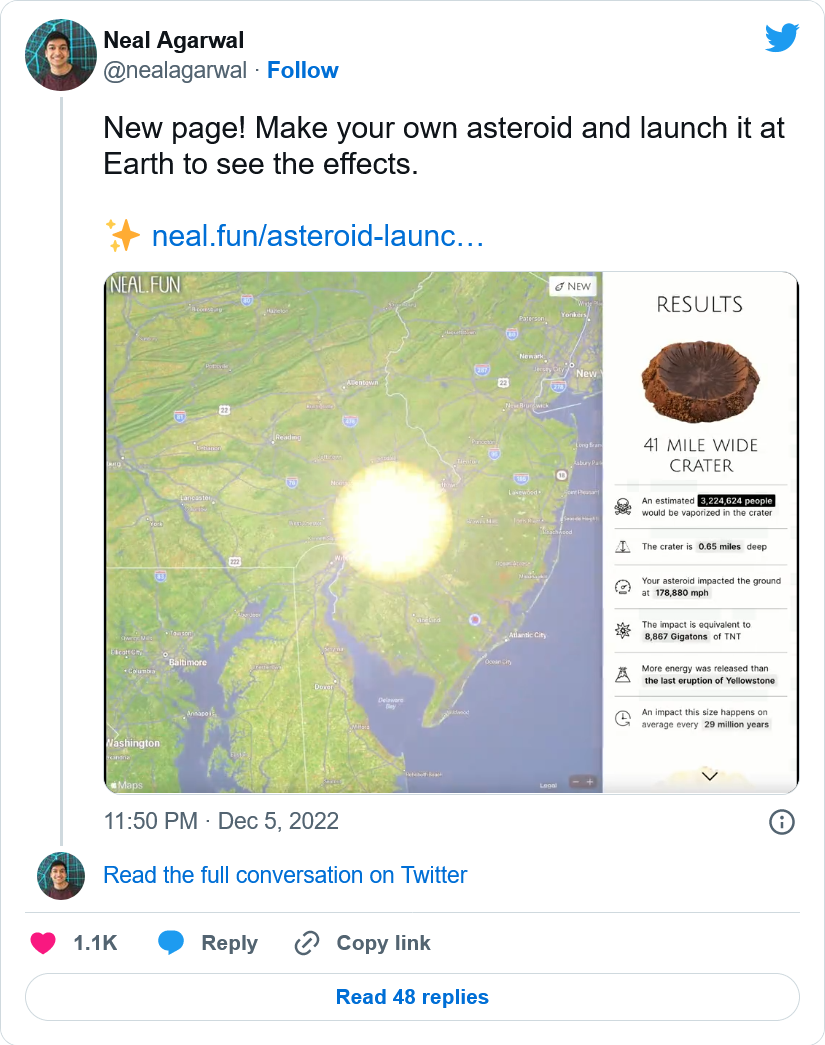小行星撞上你的城市会是什么样子?新应用程序Asteroid Launcher可以让你看到