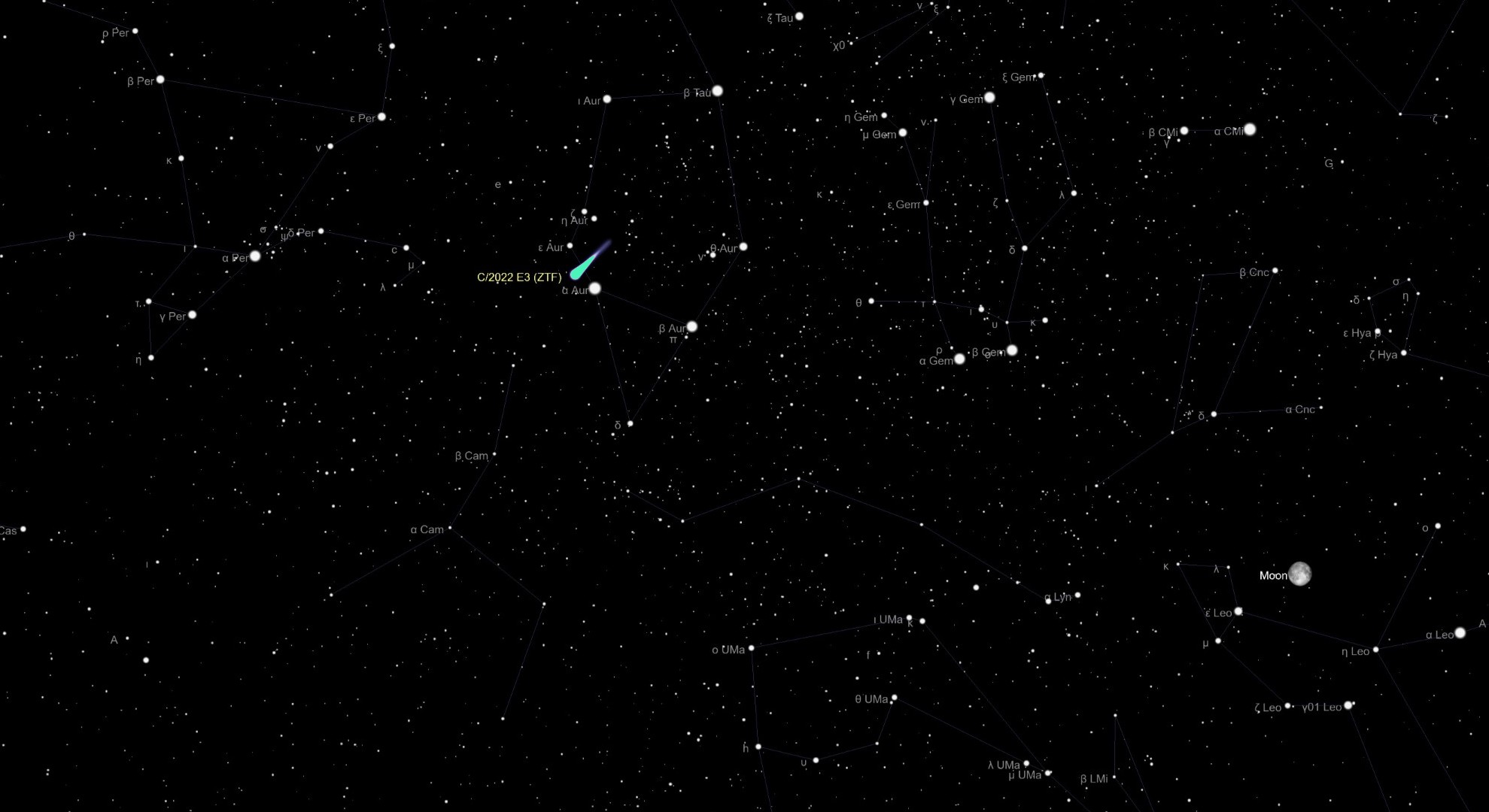 周日（2月5日）观看C/2022 E3(ZTF)这颗绿色彗星经过明亮的恒星五车二