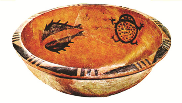 姜寨遗址鱼蛙纹深腹彩陶盆