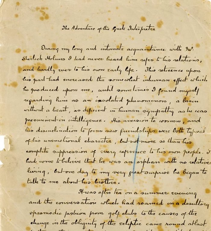 经典侦探小说福尔摩斯作者柯南道尔多份手稿在美国纽约拍卖