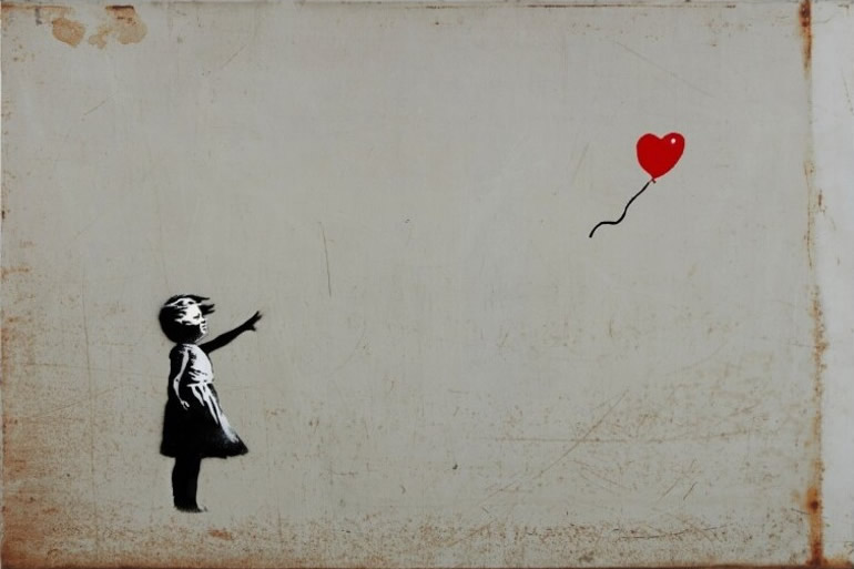 英国街头艺术家banksy画作气球女孩等两幅画作最终成交价超过700万
